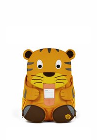 Children’s backpack designed as a cartoon tiger with eyes, ears, whiskers, and a name tag on the front flap.