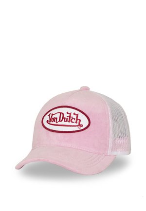 Pink baseball cap with white mesh back and red oval patch reading "Von Dutch" on front panel.