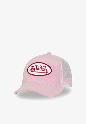 Pink baseball cap with white mesh back and red oval patch reading "Von Dutch" on front panel.