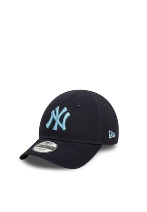 Navy baseball cap with light blue embroidered New York Yankees logo. Features a curved brim, fabric strap, and eyelet ventilation holes.