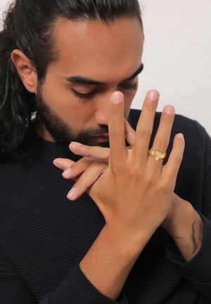 Gold ring with textured surface featuring a lion head design worn on the hand, against a dark, ribbed shirt. Subtle skin tones visible.