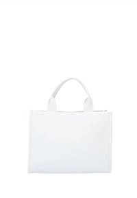 Borsa in pelle bianca con forma rettangolare, manici superiori doppi e dettagli di cucitura visibili. Design minimalista senza ulteriori accenti.