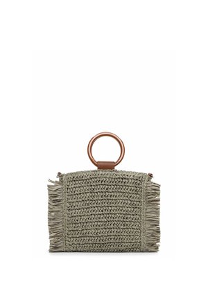Rectangular woven handbag with fringed edges and a round wooden handle attached by brown leather.