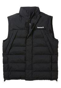 Czarna kamizelka puchowa z wysokim kołnierzem, zapinana na zamek i napy, wyłożona ociepleniem. Posiada boczne kieszenie oraz logo Timberland na klatce piersiowej.