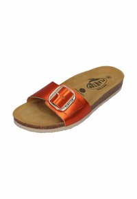 Orange metallic slide sandal with a wide strap featuring a silver buckle. Cork footbed and textured tan insole. Lightweight and open design.
