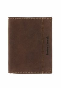 Brown leather bifold wallet with beige stitching and "bruno banani" logo embossed on the right side.