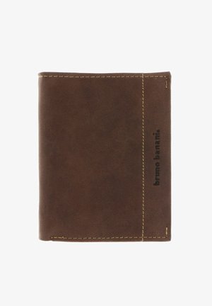 Portefeuille bifold en cuir marron avec des coutures beiges et le logo "bruno banani" embossé sur le côté droit.