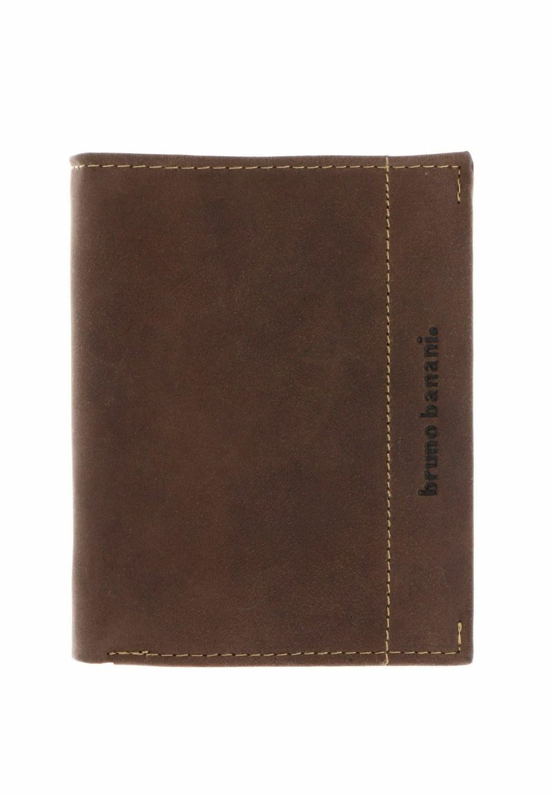 Brown leather bifold wallet with beige stitching and "bruno banani" logo embossed on the right side.