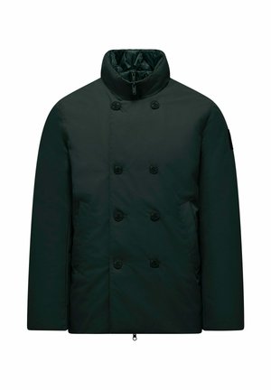 Dunkelgrüne, doppelt knöpfbare Steppjacke mit hohem Kragen, ausgestattet mit Knopfverschlüssen und seitlichen Taschen. Glattes, strukturiertes Material.