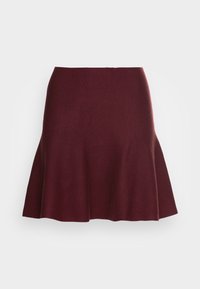 Burgundy flared skirt made of soft fabric, featuring a smooth texture and knee-length design with a subtle A-line silhouette.