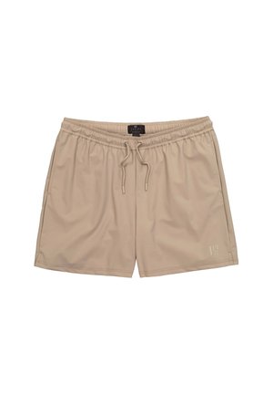 Shorts de bain beige en tissu lisse, avec une taille élastique, un cordon de serrage ajustable et des poches latérales. Marquage minimaliste sur l'ourlet.