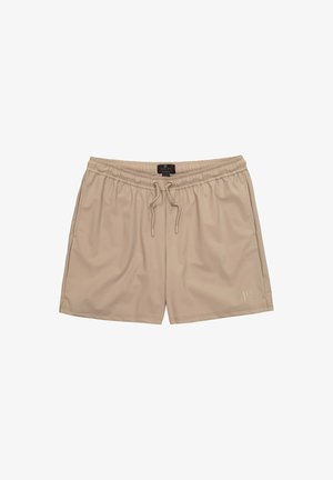 Beige zwemshorts van soepel materiaal, met een elastische tailleband, verstelbare trekkoorden en zijzakken. Minimalistisch merklogo op de zoom.