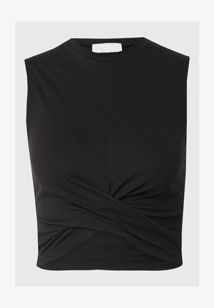 Crna majica bez rukava izrađena od rastezljivog materijala, s visokim dekolteom i uvijenim detaljem na rubu, koji osigurava prilagođeni izgled.