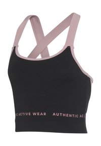 Black athletic bra with crisscross pink straps, a fitted design, and pink branding along the bottom hem. Made from stretchable fabric.