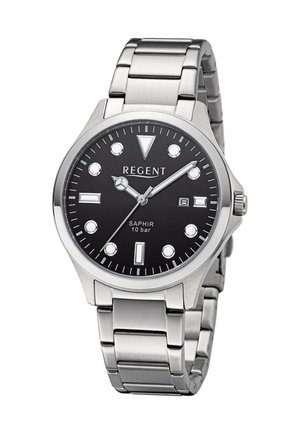 Montre-bracelet en métal argenté avec cadran noir, index ronds, affichage de la date et trois aiguilles indiquant 10h10, portant les inscriptions "REGENT" et "SAPHIR 10 bar".