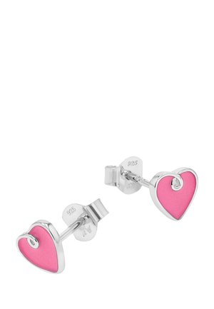 Orecchini a borchia in argento con smalto rosa a forma di cuore e un piccolo dettaglio a spirale all'interno di ogni cuore.