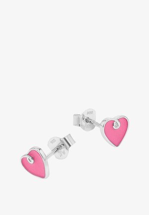 Srebrne kolczyki wkrętki z różowym emaliowanym serduszkiem i małym spiralnym detalem wewnątrz każdego serca.