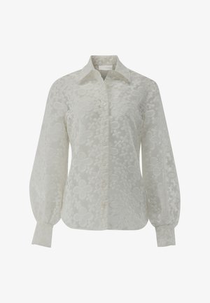 Weißes Bluse mit Blumenmuster, Knopfleiste vorne, langen Ballonärmeln und einem strukturierten Kragen, aus transparenter, strukturiertem Stoff gefertigt.