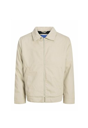 Veste zippée beige avec col, deux poches avant et coupe droite. L'intérieur présente une doublure bleue contrastante. Fabriquée en tissu léger.
