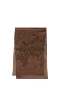 Foulard di seta marrone con un design della mappa del mondo, caratterizzato da contorni smorzati e accenti di un motivo a griglia. Texture liscia, forma rettangolare.