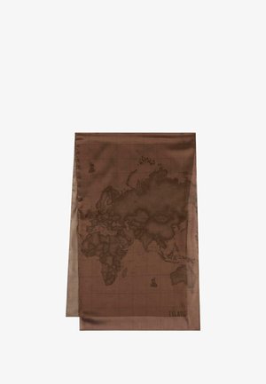 Foulard di seta marrone con un design della mappa del mondo, caratterizzato da contorni smorzati e accenti di un motivo a griglia. Texture liscia, forma rettangolare.