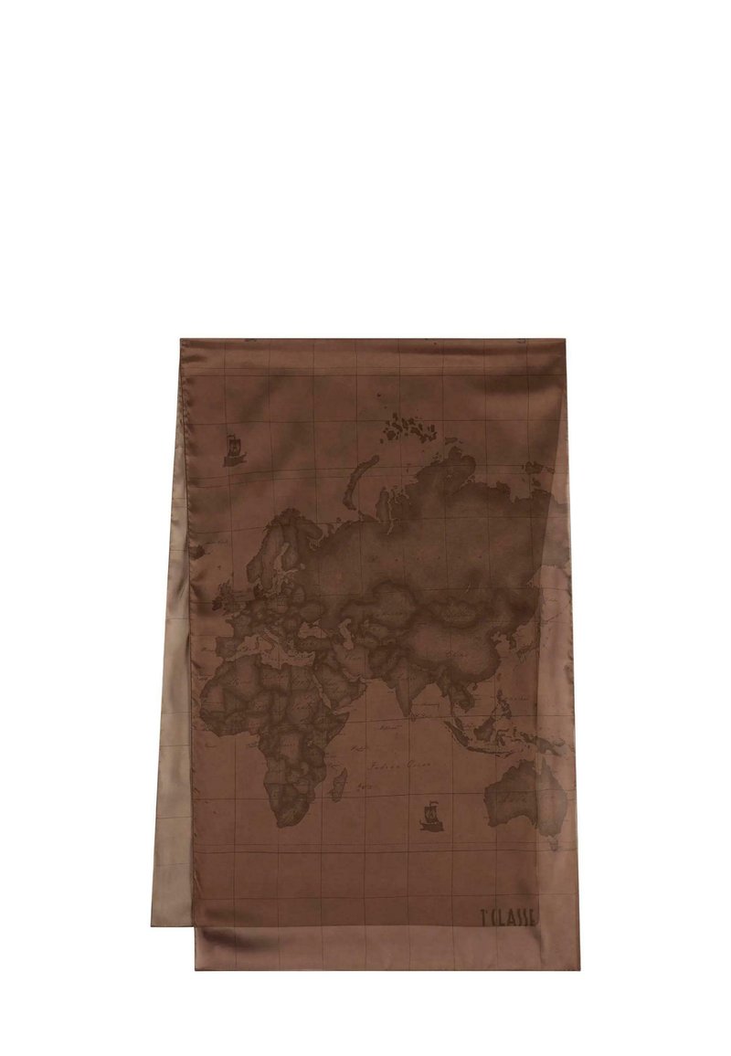 Foulard di seta marrone con un design della mappa del mondo, caratterizzato da contorni smorzati e accenti di un motivo a griglia. Texture liscia, forma rettangolare.