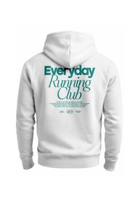 White hoodie featuring a large teal graphic text on the back that reads "Everyday Running Club" with motivational phrases and circles.