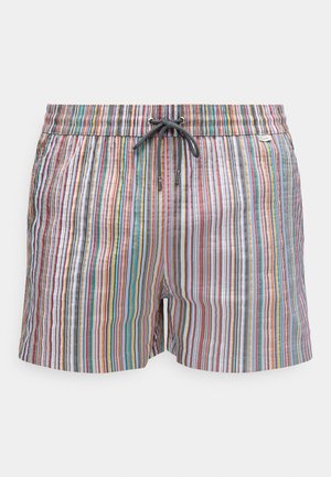 Pantaloni de baie pentru bărbați, cu dungi verticale multicolore, talie elastică și șnur negru, pe fundal alb.