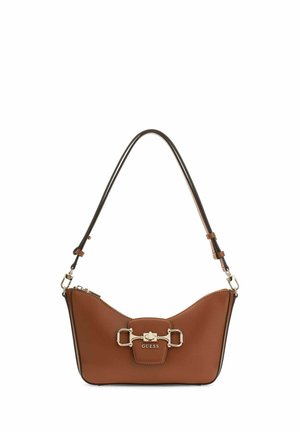 Sac bandoulière en cuir marron avec boucle dorée et logo GUESS, doté d'une sangle noire ajustable avec attaches dorées.
