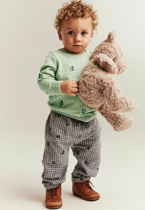 Peuter met krullend haar, gekleed in een groene trui en geruite broek, die een grote beige teddybeer vasthoudt.