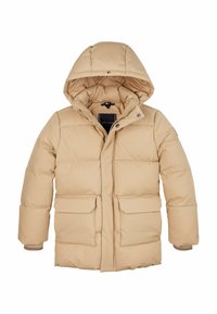 Beige pufferjack met een capuchon, voorzien van twee voorzakken, een ritsluiting en ribgebreide manchetten met een gestreept accent. Soepele, geïsoleerde stof.