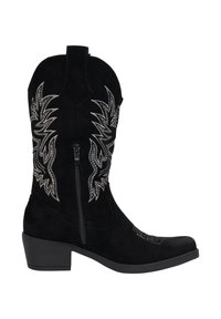 Botas de cowboy de ante negro con bordado en hilo plateado, punta afilada, cierre de cremallera y tacón apilado. Presenta costuras decorativas y acentos de diseño.