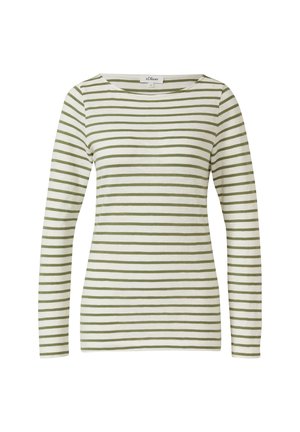 Langärmeliges Hemd mit olivgrünen, horizontalen Streifen vor weißem Hintergrund, mit rundem Ausschnitt und figurbetontem Schnitt.