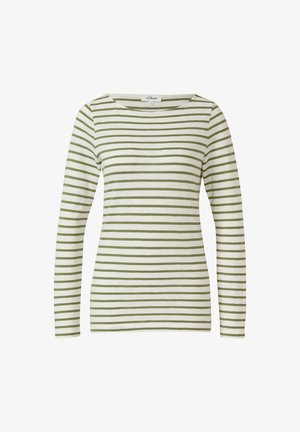 Langarmshirt met olijfgroene horizontale strepen op een witte achtergrond, voorzien van een ronde halslijn en een aangesloten silhouet.