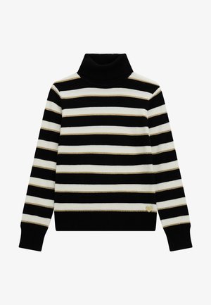 Sort, hvid og guldfarvet vandret striped rullekravesweater med lange ærmer og en lille guldhjerte detalje nær kanten.