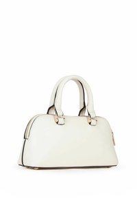 Borsa bianca in eco-pelle, con manici arrotondati, chiusura zip e rifiniture nere lungo i bordi. Presente una decorazione dorata.