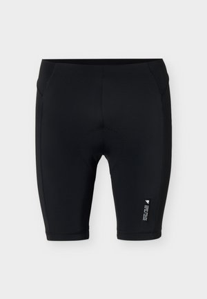 Mustad põlvekõrgused rattapüksid, millel on väikene valge logo ja tekst alumisel paremal säärel, lamedapõhine vöökoht ja polsterdatud istmepind.