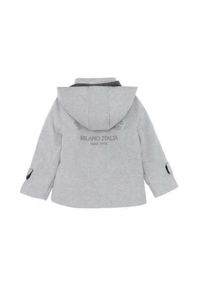Giacca grigia con cappuccio che presenta un design ricamato sul davanti, una trama di tessuto solido e un rivestimento interno a contrasto. Chiusura con bottoni decorativi sulle maniche.