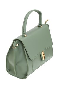 Borsa a tracolla in pelle verde con forma strutturata, hardware dorato e patta a ribalta. Presenta una maniglia singola e dettagli laterali.