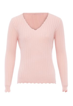 Pink ribbet striktrøje med lange ærmer og V-hals. Bølgekanter ved ærmerne og kanten. Fremstillet af blødt strikket stof.