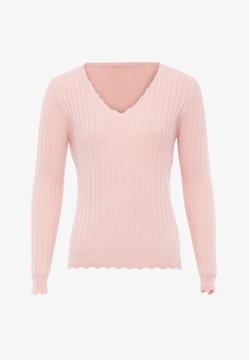 Rosa gerippter Pullover mit langen Ärmeln und V-Ausschnitt. Mit gewelltem Saum an den Ärmeln und am Rand. Hergestellt aus weichem Strickstoff.