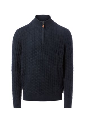 Dunkelblauer Strickpullover mit einem halben Reißverschlusskragen, der ein strukturiertes, geripptes Muster und enganliegende Ärmel aufweist.