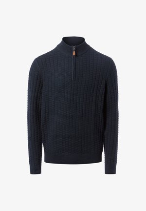 Donkerblauwe gebreide trui met een halve ritskraag, voorzien van een gestructureerd, ribbelpatroon en aansluitende mouwen.