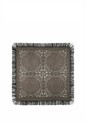 Square dark gray fabric with white paisley patterns and black fringe trim around the edges.
