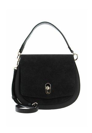 Sac bandoulière en cuir noir avec rabat et fermeture tour dorée, doté d'une poignée courte et d'une bandoulière réglable.