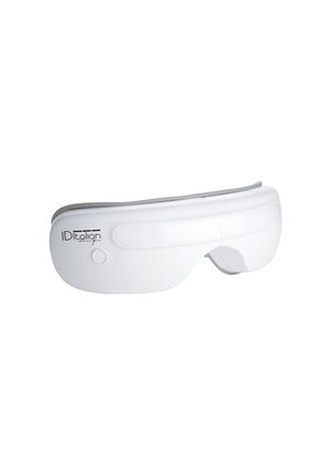 Masajeador de ojos portátil blanco con correa ajustable y botón único, diseñado para la relajación y el alivio de la fatiga ocular.