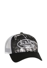 Gorra de béisbol de malla en blanco y negro con el logo "Von Dutch California" en la parte frontal y un patrón estilo tie-dye en la tela.