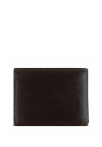 Portafoglio in pelle marrone scuro con una texture liscia, forma rettangolare e cuciture a contrasto. Presenta elementi decorativi minimi.