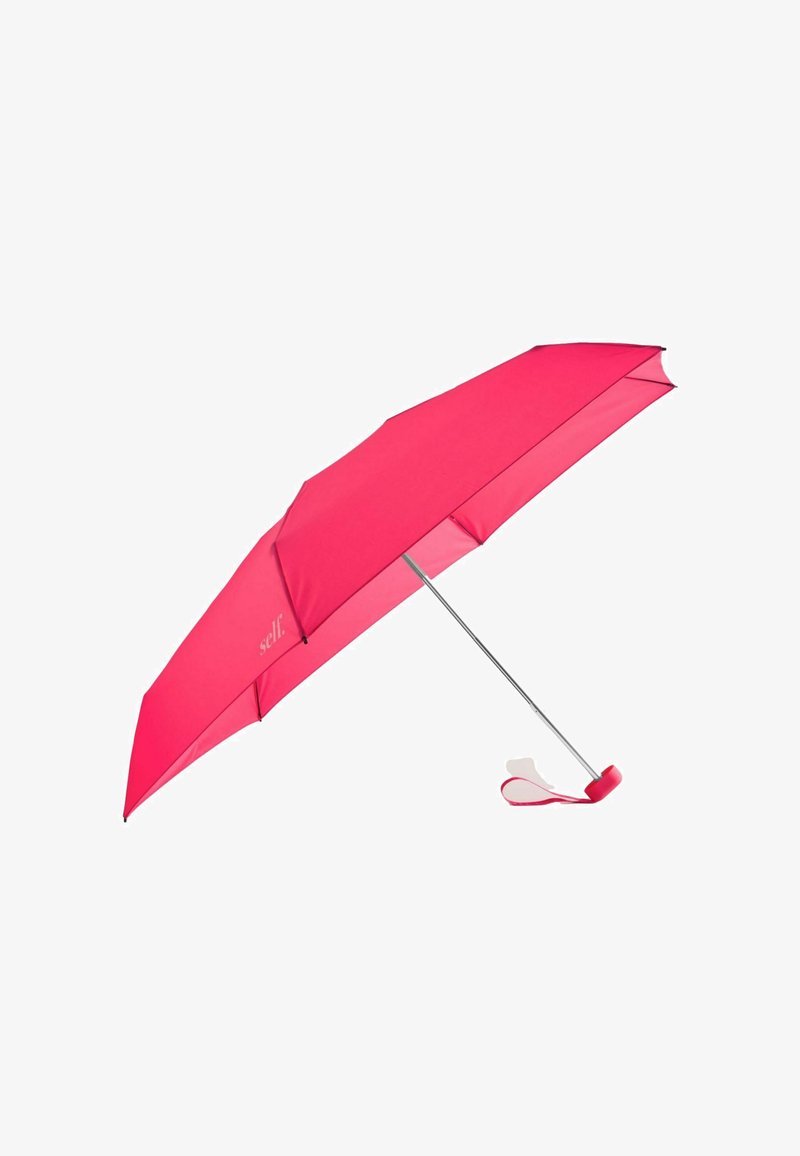 Parapluie pliant rouge compact avec une poignée courbée et une tige métallique, présenté entièrement ouvert sur un fond blanc.