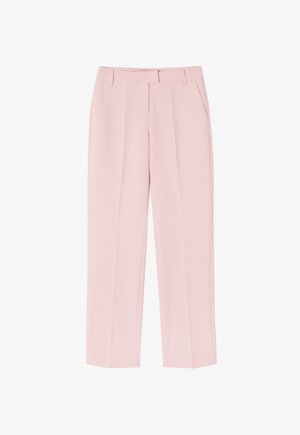 Light pink trousers with a tailored design, featuring two side pockets, a smooth texture, and front pleats for added detail.